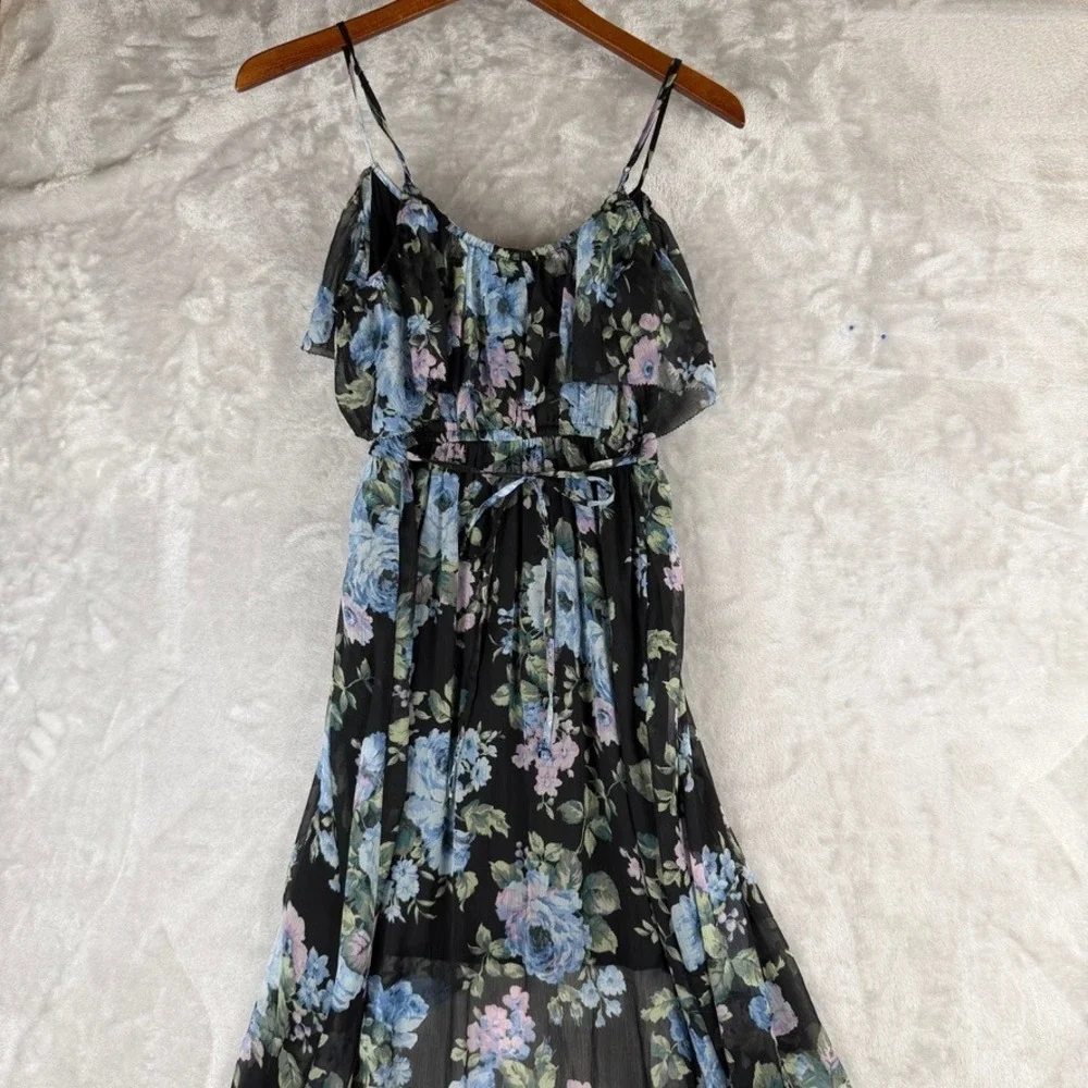 Easter Spring Black‎ Floral Ruffle High Low Maxi Dress Abercrombie Fitch XS